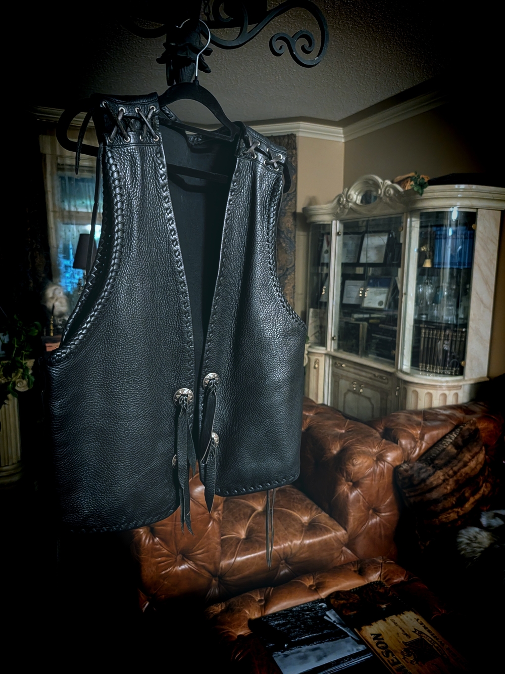 Black Leather Men's Motorcycle Vest with Lace-Up Sides